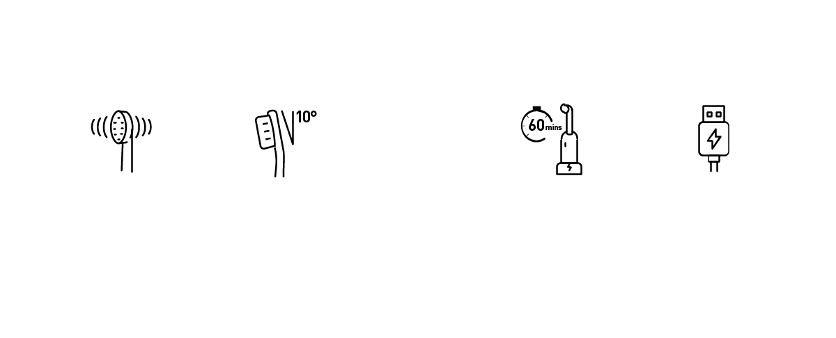 最大42,000回まで振動レベル調整可能／1分 奥まで届く10°に曲がったブラシヘッド フルパワーで60分間使用可能／1回のフル充電 USB充電で旅行先でも安心