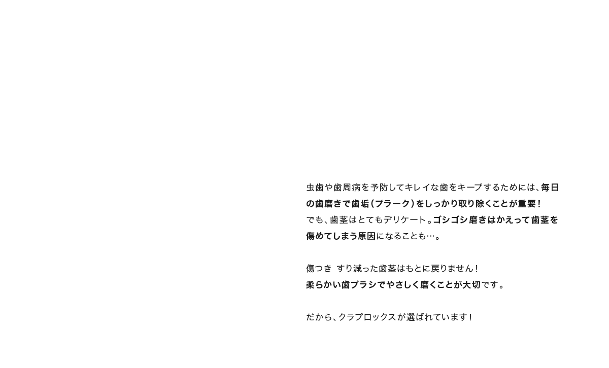 傷つき すり減った歯茎はもとに戻りません！柔らかい歯ブラシでやさしく磨くことが大切です｡だから､クラプロックスが選ばれています！